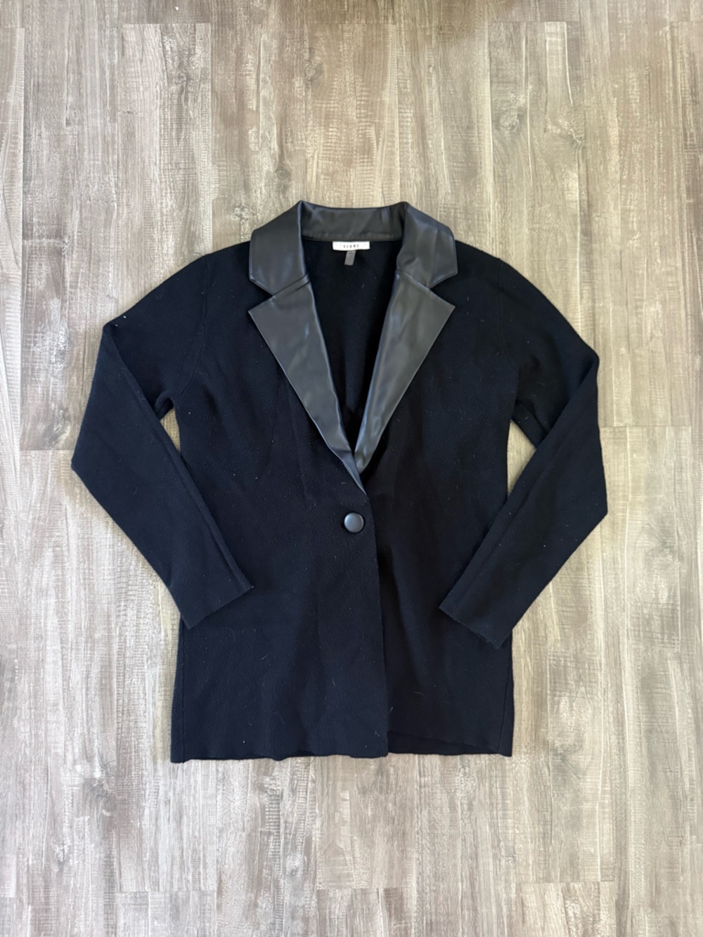 Sioni Black Knit Blazer with Faux Leather Collar